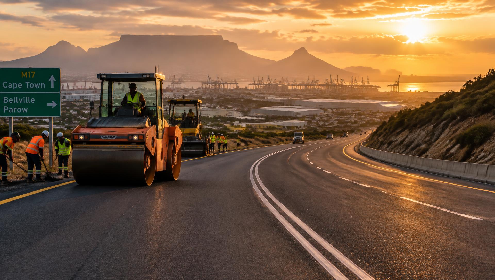 Road roller compacting a newly laid asphalt road at sunset